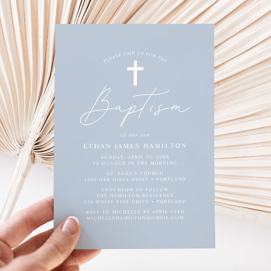 Invitation Script minimaliste moderne Dusty Baptême bleu