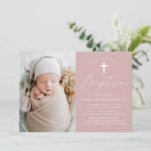 Invitation Script minimaliste moderne Dusty Photo Rose Baptêm (Debout devant)