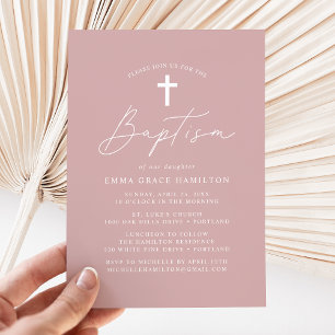 Invitation Script minimaliste moderne Dusty Rose Baptême