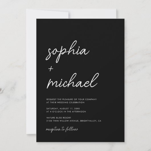Invitation Script minimaliste moderne Mariage noir (Devant)