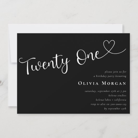 Invitation Script minimaliste noir 21e anniversaire (Devant)