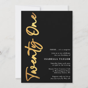 Invitation Script minimaliste noir et or 21e anniversaire