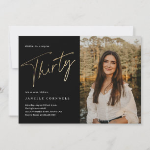 Invitation Script minimaliste noir et or 30e anniversaire