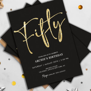 Invitation Script minimaliste noir et or 50e anniversaire