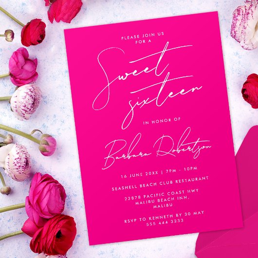 Invitation Script minimaliste rose chaud Sweet sixteen chic