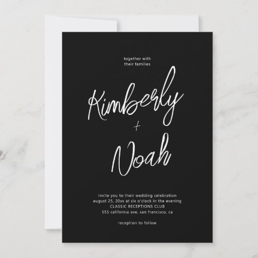 Invitation Script minimaliste simple mariage noir et blanc (Devant)
