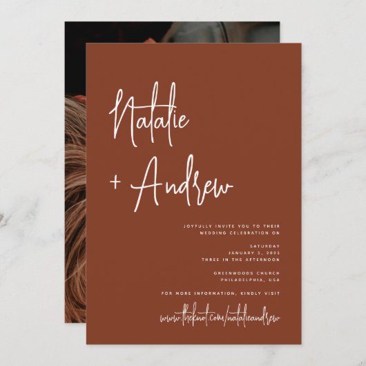 Invitation Script minimaliste Terracotta Mariage virtuel (Devant / Derrière)