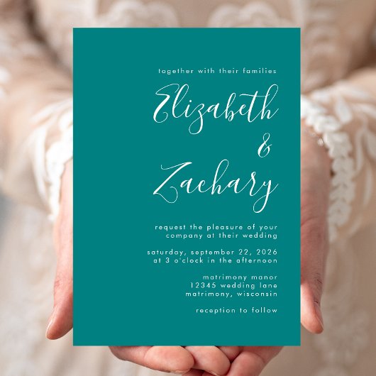 Invitation Script minimaliste Turquoise Mariage bleu