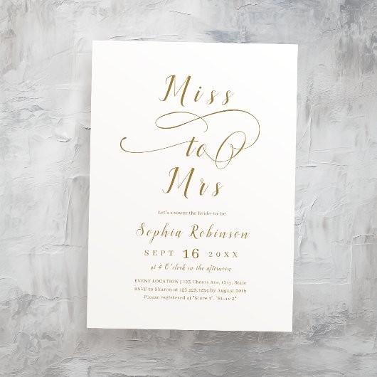Invitation Script Miss à Mrs romantique en or pour la douche 