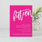 Invitation SCRIPT MODERNE 15e anniversaire fête chaude rose b (Debout devant)
