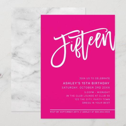 Invitation SCRIPT MODERNE 15e anniversaire fête chaude rose b (Devant / Derrière)