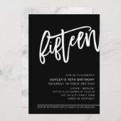 Invitation SCRIPT MODERNE 15e anniversaire fête noir blanc (Devant / Derrière)