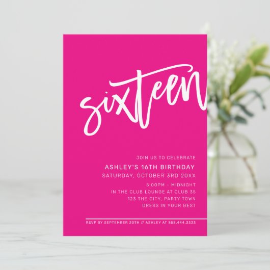 Invitation SCRIPT MODERNE 16e anniversaire fête chaude rose b (Debout devant)