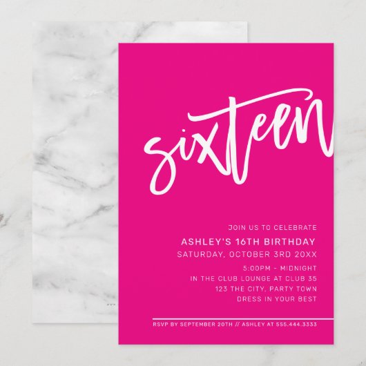 Invitation SCRIPT MODERNE 16e anniversaire fête chaude rose b (Devant / Derrière)