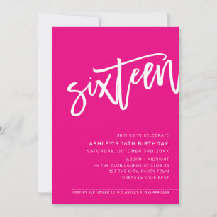 Invitation SCRIPT MODERNE 16e anniversaire fête chaude rose b