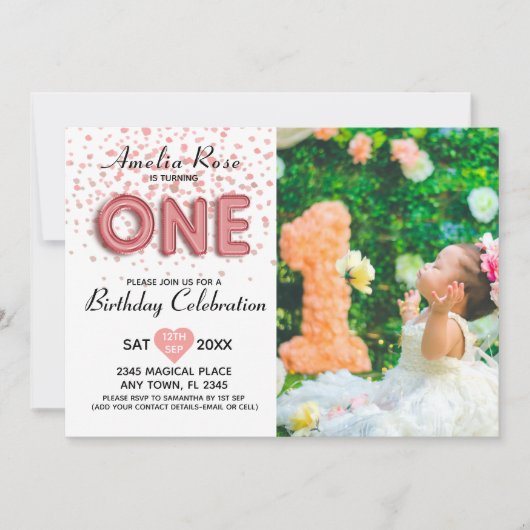 Invitation Script moderne 1er Anniversaire Confetti Rose Conf (Devant)