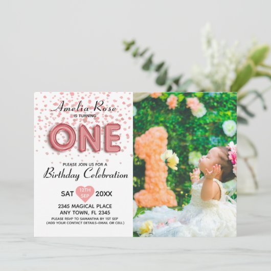 Invitation Script moderne 1er Anniversaire Confetti Rose Conf (Debout devant)
