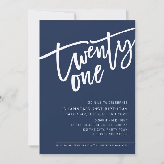 Invitation SCRIPT MODERNE 21e anniversaire fête bleu marine f (Devant)