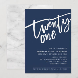 Invitation SCRIPT MODERNE 21e anniversaire fête bleu marine f