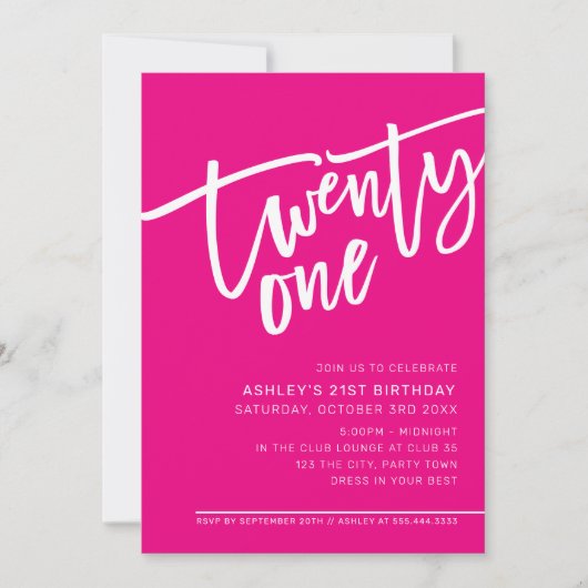Invitation SCRIPT MODERNE 21e anniversaire fête chaude rose b (Devant)