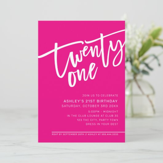 Invitation SCRIPT MODERNE 21e anniversaire fête chaude rose b (Debout devant)