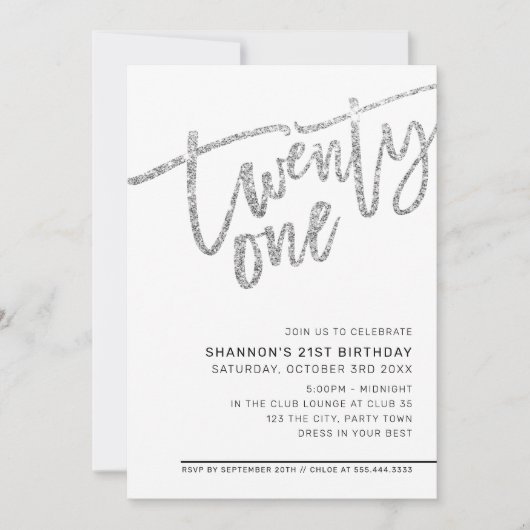 Invitation SCRIPT MODERNE 21e anniversaire parties scintillan (Devant)