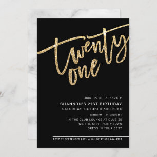 Invitation SCRIPT MODERNE 21e parties scintillant d'or noir
