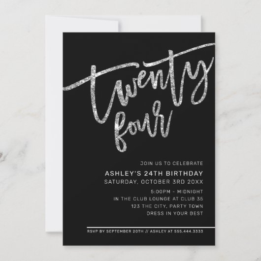 Invitation SCRIPT MODERNE 24e anniversaire noir argent partie (Devant)