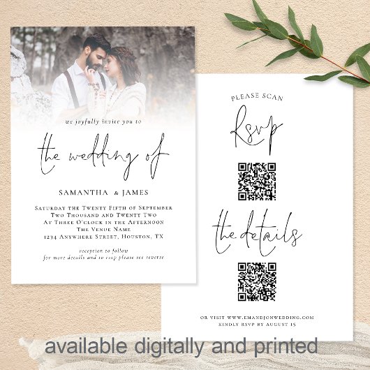 Invitation Script moderne 2 QR Codes Mariage photo tout en un