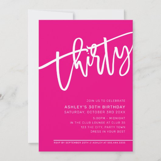 Invitation SCRIPT MODERNE 30e anniversaire fête chaude rose b (Devant)