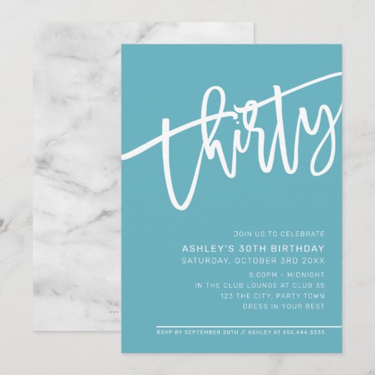 Invitation SCRIPT MODERNE 30e anniversaire fête turquoise bla (Devant / Derrière)