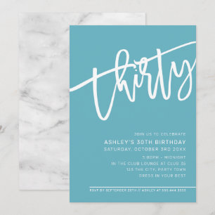 Invitation SCRIPT MODERNE 30e anniversaire fête turquoise bla