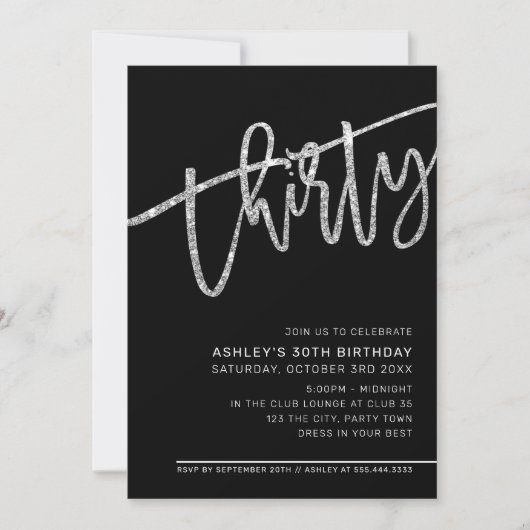 Invitation SCRIPT MODERNE 30e anniversaire noir argent partie (Devant)