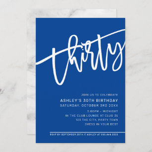 Invitation SCRIPT MODERNE 30e anniversaire royal bleu blanc