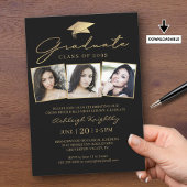 Invitation Script moderne 3 Photos Black Gold