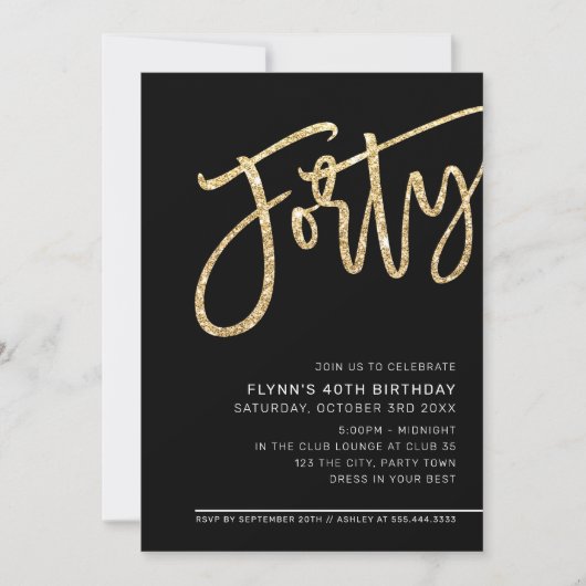 Invitation SCRIPT MODERNE 40e anniversaire de fête or noir bl (Devant)