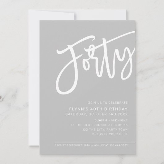 Invitation SCRIPT MODERNE 40e anniversaire fête gris pâle bla (Devant)