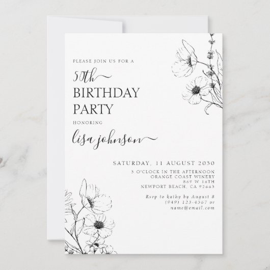 Invitation Script moderne 50e anniversaire noir blanc floral (Devant)