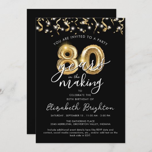 Invitation Script moderne 80th Birthday Streamers (Devant / Derrière)