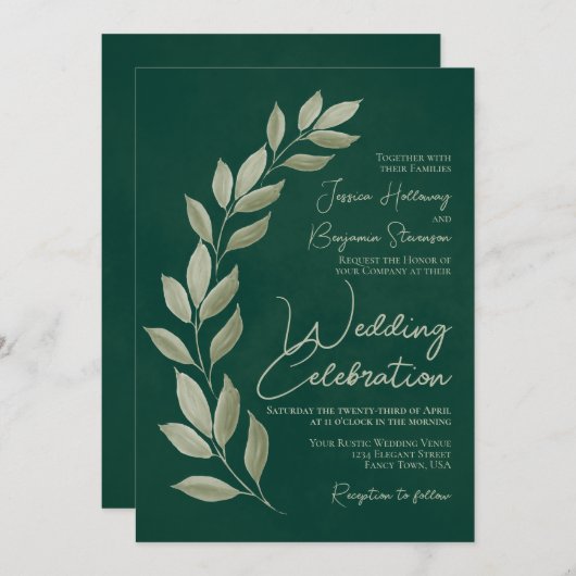 Invitation Script moderne Aquarelle Emerald Mariage (Devant / Derrière)