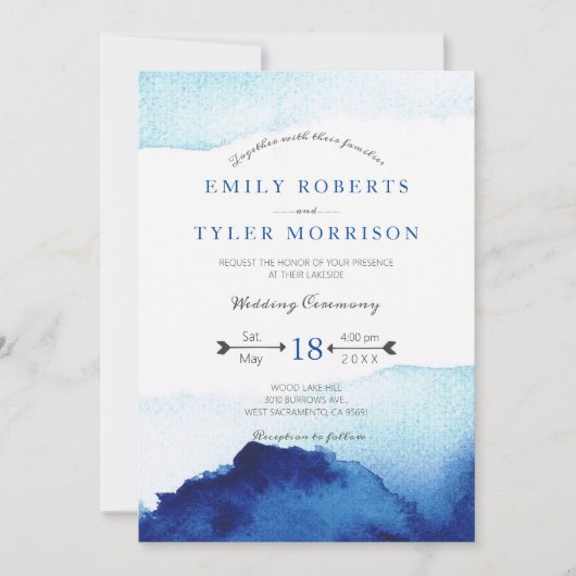 Invitation Script moderne Aquarelle Indigo Mariage bleu (Devant)