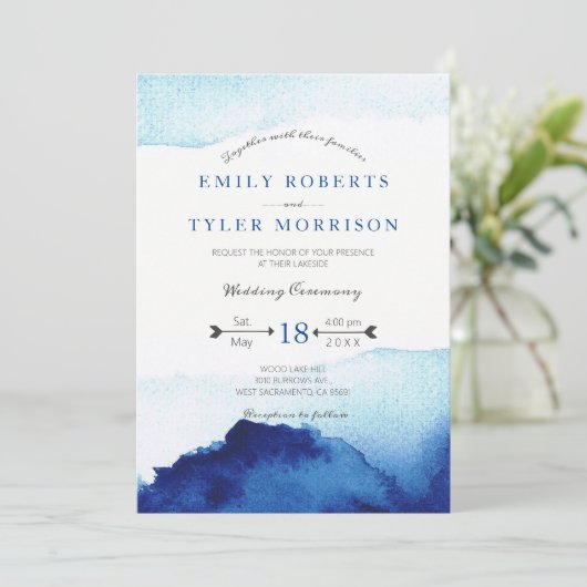 Invitation Script moderne Aquarelle Indigo Mariage bleu (Debout devant)
