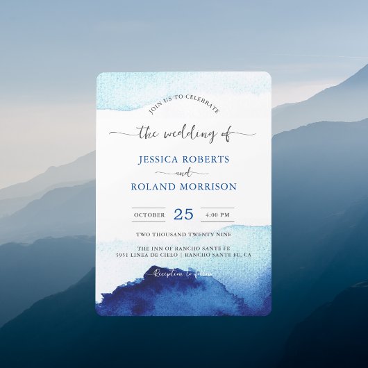 Invitation Script moderne Aquarelle Indigo Mariage bleu