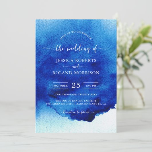 Invitation Script moderne Aquarelle Indigo Mariage bleu (Debout devant)