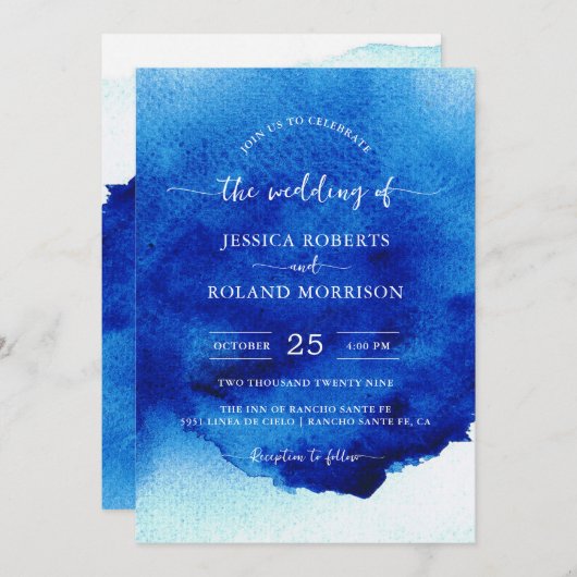 Invitation Script moderne Aquarelle Indigo Mariage bleu (Devant / Derrière)