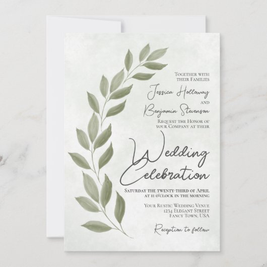 Invitation Script moderne Aquarelle Sage Mariage de verdure (Devant)
