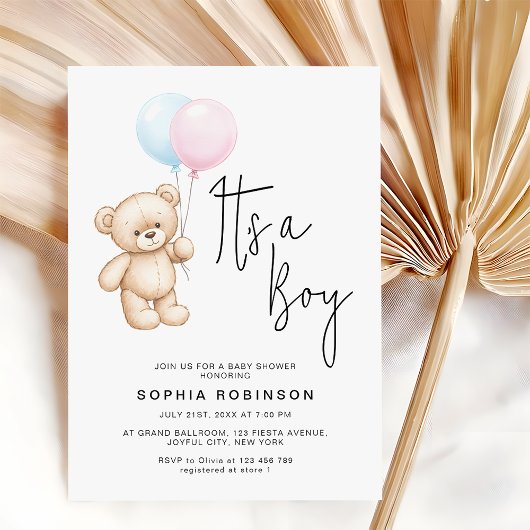 Invitation Script moderne Baby shower garçon ours en peluche