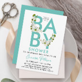 Invitation Script moderne Baby shower turquoise Floral