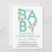 Invitation Script moderne Baby shower turquoise Floral (Devant)