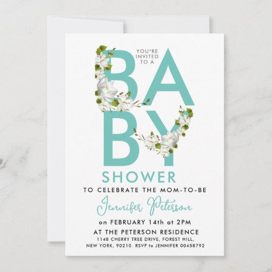 Invitation Script moderne Baby shower turquoise Floral (Devant)